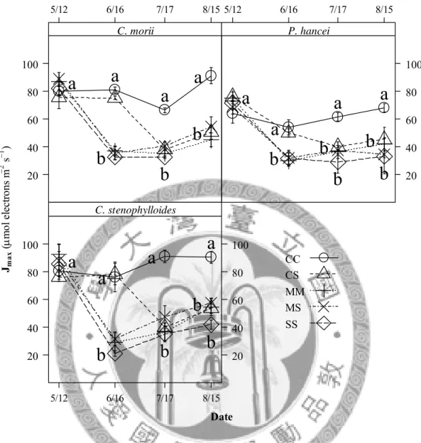 圖 16 三種樹種在不同水分處理後電子傳遞速率 (J max , maximal electron transport  rate)  在不同觀測時間之變化 (mean±se)。不同字母標示者代表在相同時間 點不同處理經 LSD 檢定達 5% 顯著水準。森氏櫟之 SS 組之苗木在 8/15 已 經死亡，故無資料。 
