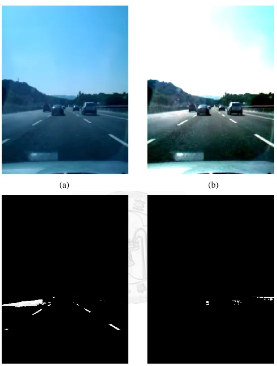 Figure 3.2: (a) Original image. (b) Normalization image. (c) Separated lane image from  normalization image