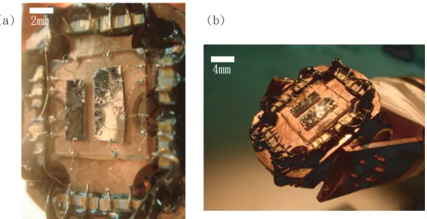 Figure 2.3: (a)A photo showing two bulk single crystals connected to superconducting magnet sample probe by wire binding techniques described in the main context