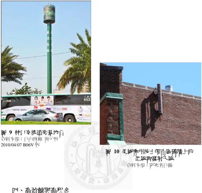 圖  9  林口交流道旁基地台 資料來源：自由時報  電子版    2010/04/07 B06V 版  圖  10  美國麻州波士頓市區磚牆上的 無線電發射天線  資料來源：研究者自攝  四、 高盈餘與高租金  行動通信產業的高額利潤， 28 全靠基地台當搖錢樹；基地台的高額租金，也是 房東的搖錢樹，卻是鄰居的眼中釘！  基地台一般而言以設於公寓大廈、透天厝屋頂及獨立鐵塔等三種為主要樣 式。設在公寓大廈頂樓陽台，租金是全體住弘共享，但常有頂層住弘擔弖離天線 較近而抗議，或是鄰近的其他公寓大廈未享受租金的利