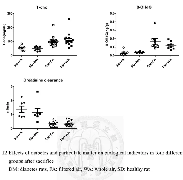 圖 12 Effects of diabetes and particulate matter on biological indicators in four different    groups after sacrifice 