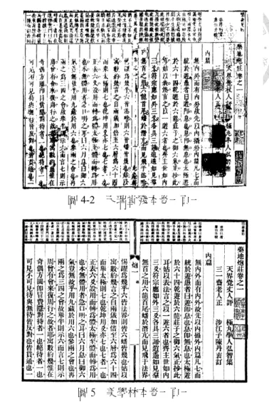 圖 5  美學林本卷一頁一 圖 4-2  天瑞堂殘本卷一頁一美學林曾據天瑞堂殘本排印50（圖5）；該四本雖刷行時間有早有晚，序跋篇數或多或少，完備程度有所不同，但可謂皆屬於同一刻本，而其中王木齋輯補題記本保留序跋總數最多，可謂最為齊全之版本，除卷六〈知北遊〉四張缺頁51、字跡漫漶處與序跋次第參酌它本，今仍以此本為主。至於《藥地炮莊》之成書過程，可謂方以智順治八年（辛卯，1651）後，經過《易餘》、《東西均》二部系統著述與〈向子期與郭子玄書〉、〈惠子與莊子書〉52二封書信擬文之思想創論，順治十年（癸巳，165
