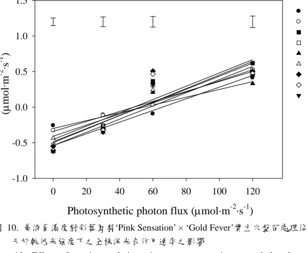 圖  10.  養液氮濃度對彩葉鳳梨‘Pink Sensation’ × ‘Gold Fever’實生穴盤苗處理後 78 天於較低光強度下之全株淨光合作用速率之影響 