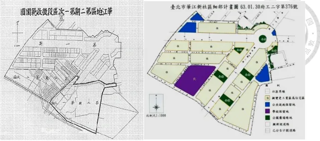 圖  3  華江舊市區改造案區段徵收前地籍圖（左）、區段徵收後都市計畫圖（右）  資料來源：臺北市政府地政局土地開發總隊 （http://www.lda.gov.taipei/ct.asp?xItem=17692&amp;ctNode=3246&amp;mp=111011，取用日期：2016/07/15） （二）都市更新條例實施  （1998~）          1998 年都市更新條例發布實施後，以特別法之姿規避都市計劃的管控，使 得政府大舉透過稅賦減免、建築容積獎勵誘導民間開發者參與更新開發。如更新 