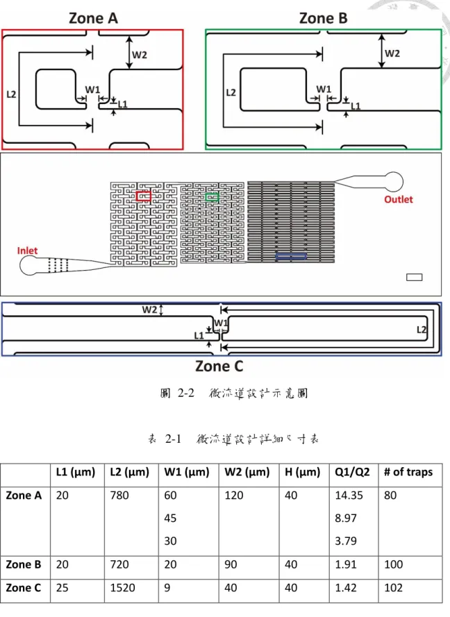 圖 2-2 微流道設計示意圖 表 2-1 微流道設計詳細尺寸表 L1 (μm) L2 (μm) W1 (μm) W2 (μm) H (μm) Q1/Q2 # of traps Zone A 20 780 60 45 30 120 40 14.358.973.79 80 Zone B 20 720 20 90 40 1.91 100 Zone C 25 1520 9 40 40 1.42 102