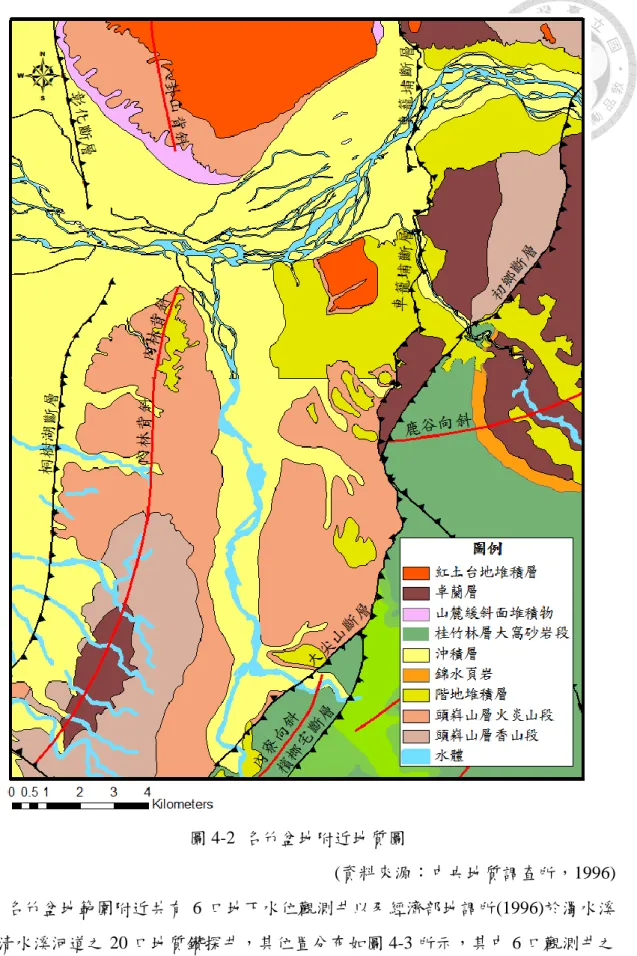 圖 4-2  名竹盆地附近地質圖  (資料來源：中央地質調查所，1996) 名竹盆地範圍附近共有 6 口地下水位觀測井以及經濟部地調所(1996)於濁水溪 及清水溪河道之 20 口地質鑽探井，其位置分布如圖 4-3 所示，其中 6 口觀測井之 地質柱狀圖如圖 4-4 所示，20 口地質鑽探井之地質柱狀圖如圖 4-5 與圖 4-6 所示， 本研究將這些觀測井與地質鑽探井之位置與地質柱狀圖資料做為名竹盆地含水層