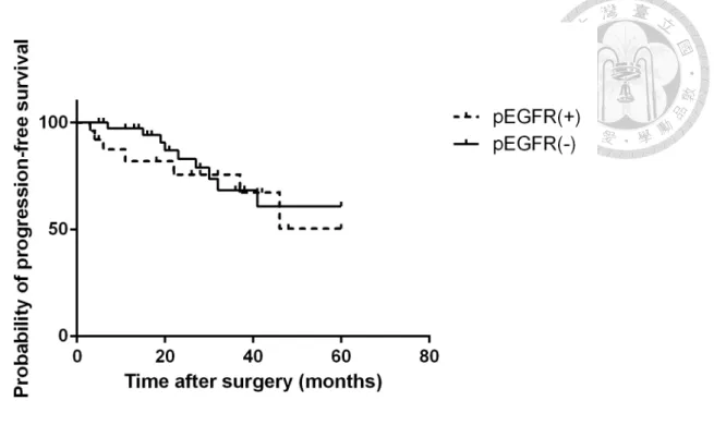 Figure 12. Kaplan-Meier survival analysis of progression-free survival in  gastric cancer patients with p-EGFR(+) or p-EGFR(-)