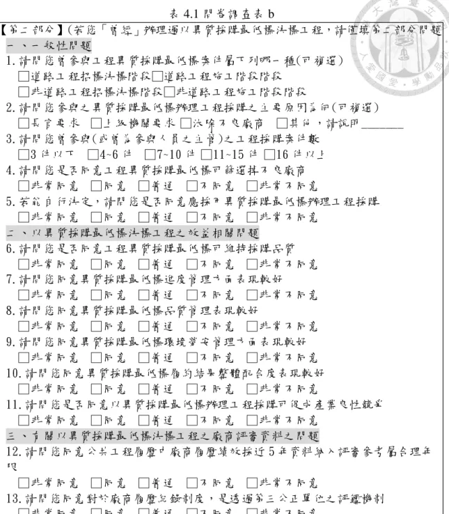 表 4.1 問卷調查表 b  【第二部分】(若您「曾經」辦理過以異質採購最低標決標工程，請僅填第二部分問題)  一、一般性問題  1.請問您曾參與工程異質採購最低標案件屬下列哪一種(可複選)  □道路工程招標決標階段□道路工程施工階段階段  □非道路工程招標決標階段□非道路工程施工階段階段  2.請問您參與之異質採購最低標辦理工程採購之主要原因為何(可複選)    □長官要求  □上級機關要求 □汰除不良廠商  □其他，請說明_______  3.請問您曾參與(或曾為參與人員之主管)之工程採購案件數    