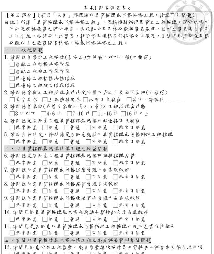 表 4.1 問卷調查表 c  【第三部分】(若您「未曾」辦理過以異質採購最低標決標工程，請填下列問題)  備註：所謂「異質採購最低標決標工程」，係指機關辦理異質之工程採購，得於招標文 件訂定投標廠商之評分項目、各項配分及及格分數等審查基準，並成立審查委員會及 工作小組，採評分方式審查，就資格及規格合於招標文件規定，且總平均評分在及格 分數以上之廠商開價格標，採最低標決標之工程。  一、一般性問題  1.請問您曾參與工程採購(含施工)案件屬下列哪一種(可複選)    □道路工程招標決標階段    □道路工程施
