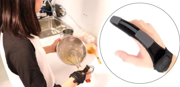 Figure 1.1: MidasTouch is a finger-worn device for sensing gestural input on everyday objects.