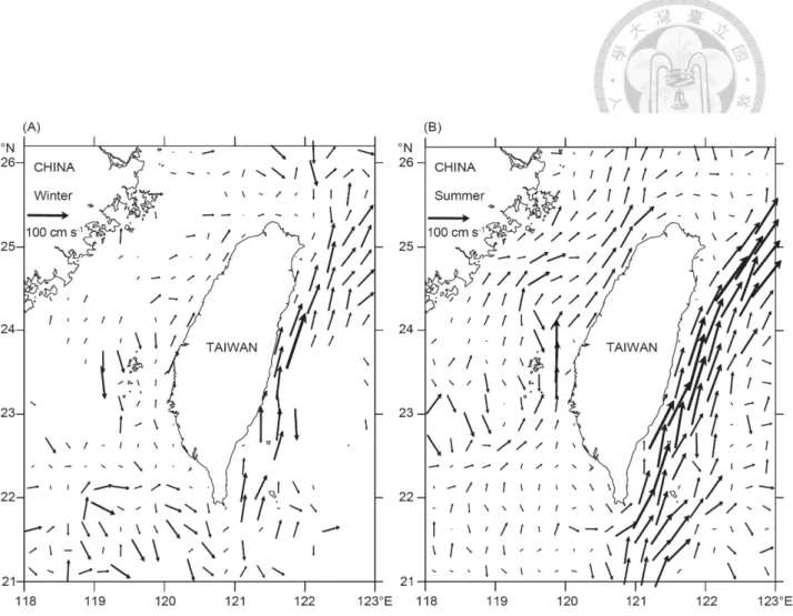 Fig. 4. Current velocity and direction in the surrounding seas of Taiwan during winter  (A) and summer (B)