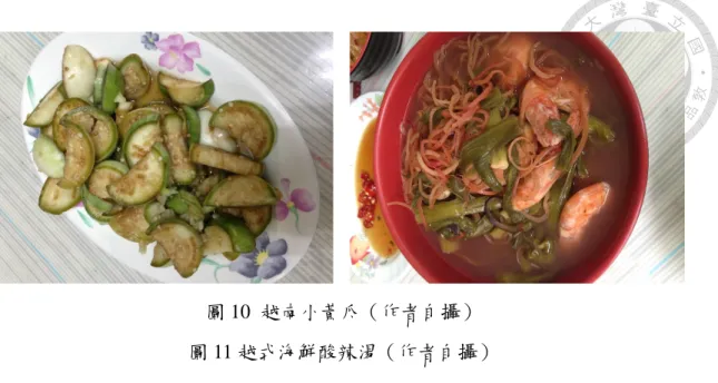 圖 10  越南小黃瓜（作者自攝）  圖 11 越式海鮮酸辣湯（作者自攝）  蘇駿揚（2007）的研究說明了新移民女性會在台灣重新複製一個與原生社會 類似的網絡，以相同族群和階級的人為主，具有一定程度的封閉性與同質性，是 一個「物以類聚」的現象：  反正我 18 歲就離開家工作，23 歲嫁來台灣，已經習慣不回家了，不在 乎家是什麼，在外面都靠朋友…我有我兒子，還有她們(在台灣的越南 姊妹)，就很好了…(小穎)  越南姊妹們的聚會每天上演。每到午休時刻，總是有不少新移民女性齊聚一堂， 吃家鄉菜、聊是非八卦。她