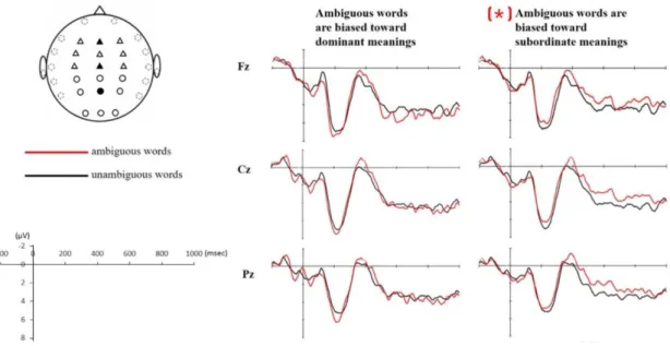 Figure 3.4. Grand average ERPs at three midline electrode sites for unambiguous words  (black line) vs