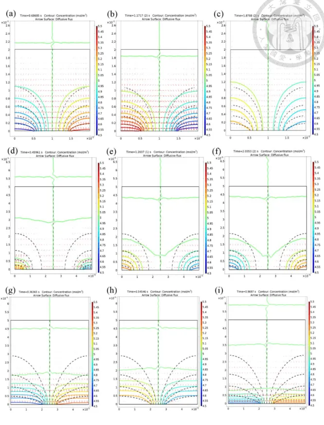 Figure 3-11 Simulation of time-dependent 2D concentration profile in an IDA unit cell