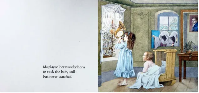 Figure 3. Ida played the horn while the goblins sneaked in. Reprinted from Outside  Over There, by Maurice Sendak, 1981, NY: Harper Collins
