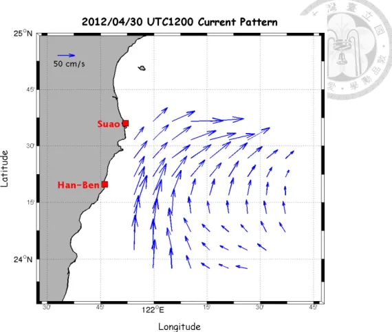 圖 2-3  2012 年 4 月 30 日 1200UTC 的合成海流流速分佈圖，係由蘇澳與漢本二站 徑向海流資料經中控站系統結合而成。  Fang et al. (2011)將國科會海洋學門資料庫累積之歷史海流資料與蘇澳、漢本 二 CODAR 長期觀測資料相比對，並參考二站互能譜資料中所記錄之資料品質參 數統計，最後設定了資料品質相對較好且穩定的 70 個點(如圖 1-5 所示)作為中控 站系統產生合成海流場之輸出範圍；我們在以下各章節內所使用的資料均為這類 產品。本文分析所用資料是從 2011 年 4