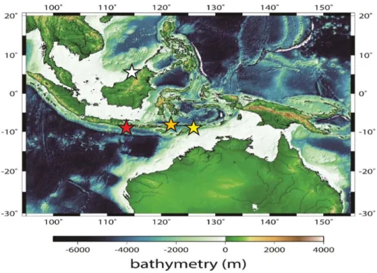 Figure 2-1. Map showing cave and marine sediment core locations. Stars denote the  locations of Lekiraka cave (yellow), Liang Luar cave (orange) (Griffiths et al., 2009),  Gunung Buda (white) (Partin et al., 2007), and sediment core GeoB10053-7 (red)  (Moh