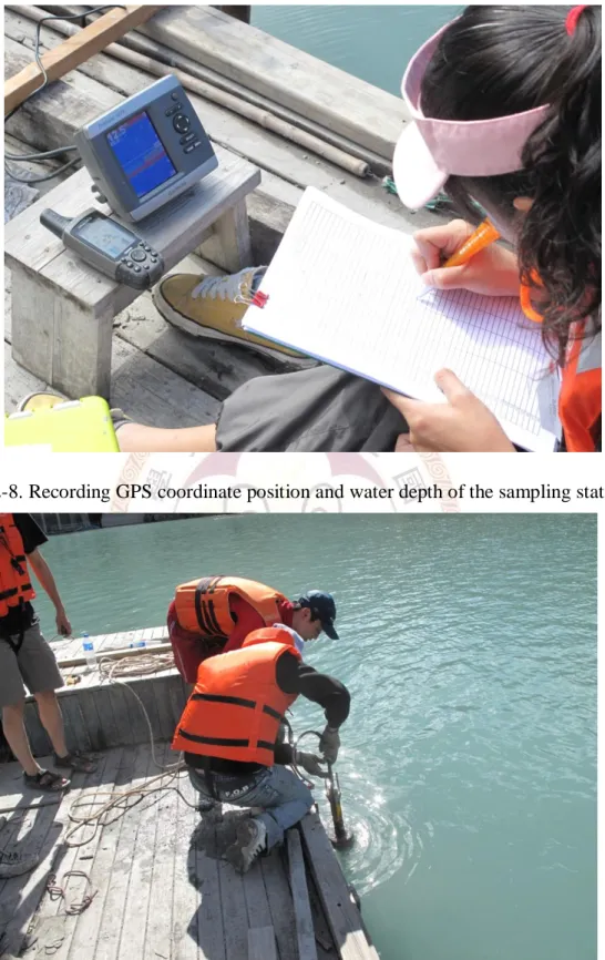 Figure 2-8. Recording GPS coordinate position and water depth of the sampling station