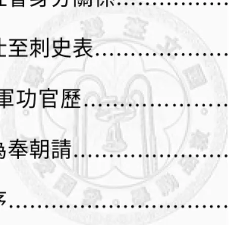 圖  表  目  次  表一    高門士族官歷遷轉次序、官品、班次表………………………………………   表二    南朝中下層士人官歷遷轉次序、官品、班次表………………………………  表三    濁官官歷遷轉次序、官品、班次表…………………………………………  表四    褚淵大明、泰始年間（456-471）官歷遷轉表………………………………  表五    寒人濁官官歷…………………………………………………………………  表六    宋齊間官僚遷轉與社會身分關係……………………………………………  表七 