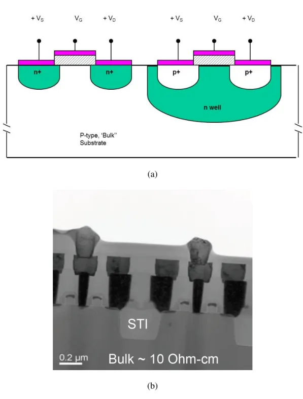 圖  1.3  傳統金氧半電晶體(bulk CMOS)元件(a)剖面圖(cross-section)，