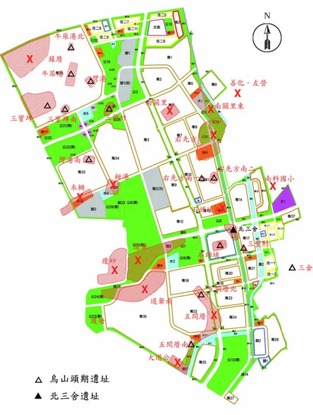 圖 2-1：北三舍遺址及台南科學園區及其周邊考古遺址位置圖 