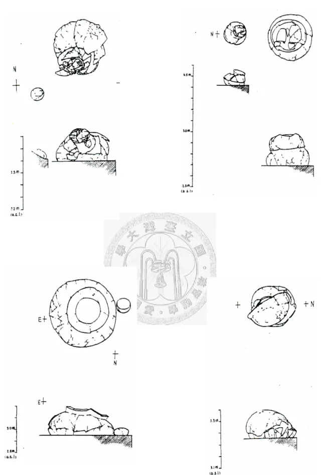 圖 3-5：甕棺墓葬及陪葬品出土狀況之俯視及側視圖（採自臧振華等 2000） 