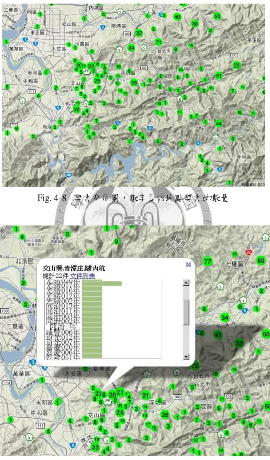 Fig. 4-8  契書分佈圖，數字為該地點契書的數量 