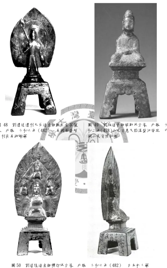 圖 48  劉遺通遺利兄弟造金銅觀世音菩薩 像  北魏  太和六年（482）  美國華盛頓 弗利爾美術館藏   圖 49  劉敬造青銅彌勒佛坐像  北魏  太和二年（478）山東省惠民縣溝盤河發現  中國山東省博物館       圖 50  劉道隆造金銅釋迦佛坐像  北魏  太和六年（482）  日本私人藏 