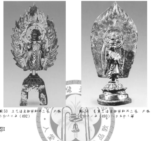 圖 53  王虎造金銅彌勒佛立像  北魏    太和十六年（492）         圖 54  曹黨生造金銅彌勒佛立像  北魏太和十七年（493）  日本私人藏       類型I  這個類型造像體現了漢式作風，其特徵如面容瘦削、表情傳神、體形修長， 整體上具飄逸感，具有典型的秀骨清像的形象，而金銅像的裝飾效果、線條表現 趣味也漸趨增強。類型 I 佛像，穿著中國式褒衣博帶的佛衣，袈裟厚重，軀體結構 不明，雙臂衣紋稀疏，身前衣紋呈 U 字形，褶襞刻成深深的階梯狀樣式，兩袖與 下襬呈八字形向外張揚。如太和十七