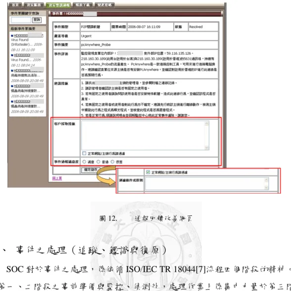 圖 12.  通報回饋改善網頁  三、  事件之處理（追蹤、鑑識與復原）  SOC 對於事件之處理，係依循 ISO/IEC TR 18044[7]流程四個階段的精神。除 了第一、二階段之事前準備與監控、偵測外，處理作業上係集中力量於第三階段 的「封鎖與復原階段」 ，執行封鎖作業與證據蒐集、事故還原外，以及事後的蒐集 與存證（經驗學習） ，以完成事件之處理。  依據 ISO/IEC TR 18044 第三、四階段之精神，SOC 設計出事件通報之作業分 工與流程（圖 14），除進行通報適當對象（客戶權責人員或駐