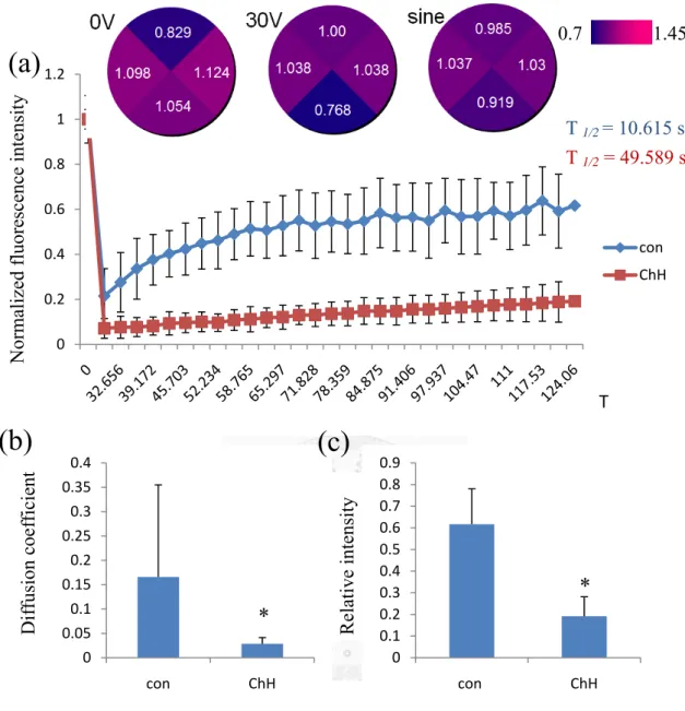 Figure 6 effect of cholesterol treatment on FRAP in membrane. Typical FRAP  curves (a) of DiI labeled membrane, with (red) or without cholesterol hemisuccinate  (blue)