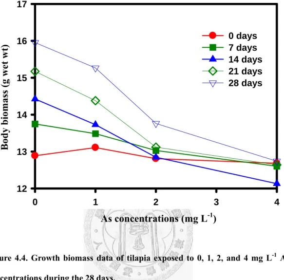 Figure 4.4. Growth biomass data of tilapia exposed to 0, 1, 2, and 4 mg L -1  As  concentrations during the 28 days.