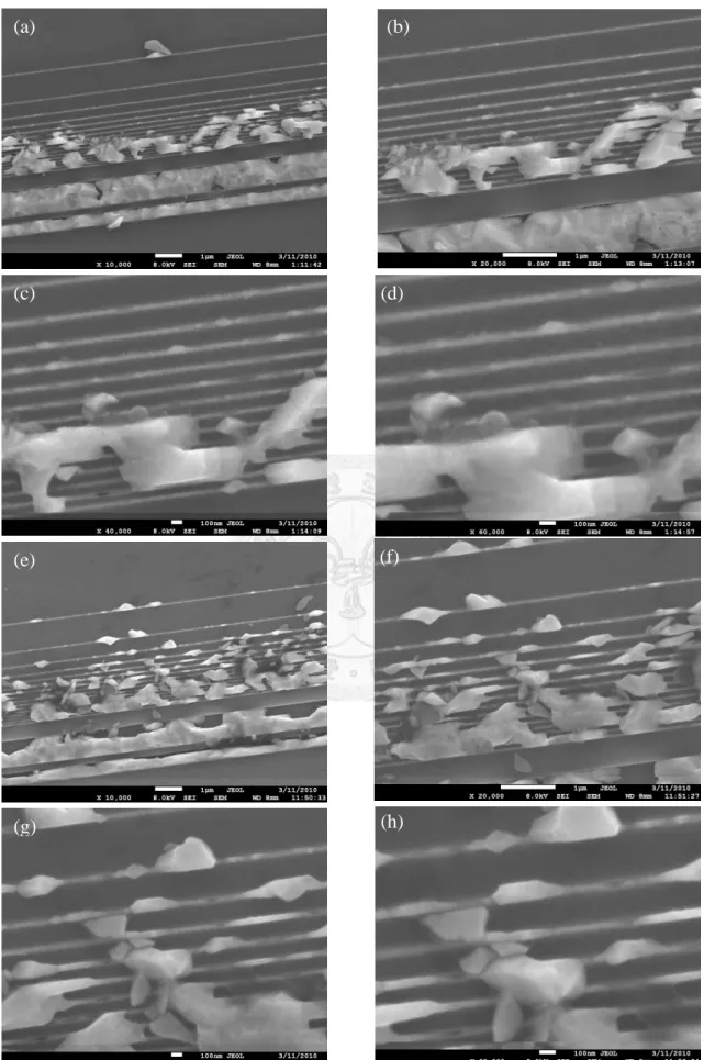 Figure  2.6 The  SEM  images  of  GaAs  in  40nm  Si  trenches:  (a-d)  middle  of  the  trench  long side with different magnification (e-h) right of the trench of the trench long side 