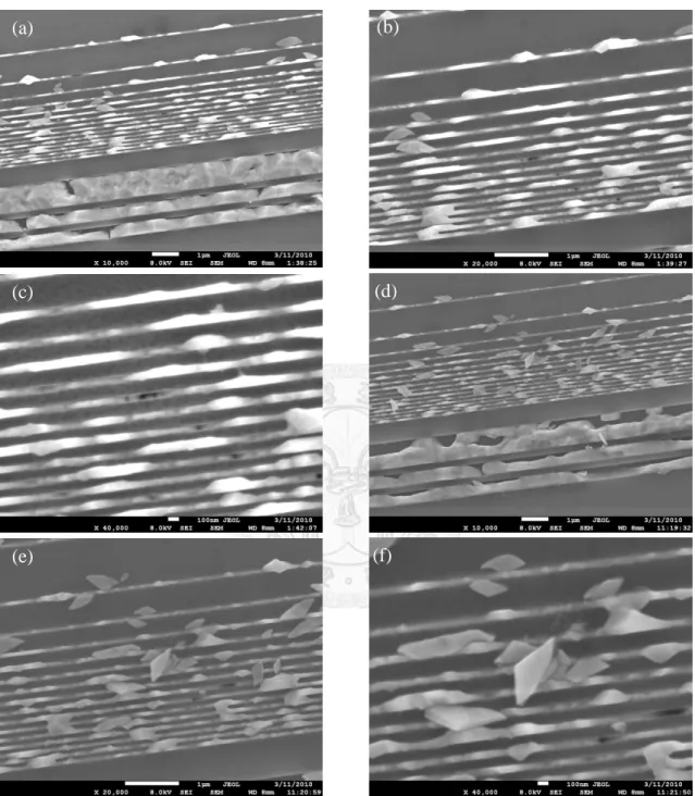 Figure  2.8  The  SEM  images  of  GaAs  in  70nm-wide  Si  trenches:  (a-c)  middle  of  the 