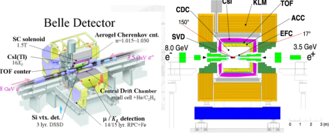 Figure 2.2: The structure of the Belle detector in isometric and side view. [26].