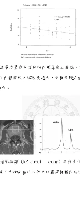 圖 19                   圖 19、脊椎血液灌流量與內頸動脈內膜厚度之關係。在 43 對性別年齡相配研究 中，我們證實了內頸靜脈內膜厚度越大，脊椎骨髓血液灌流(由峰頂頂顯增強百 分比代表)就越少。  圖 20               圖 20、以磁振造影磁譜 (MR spectroscopy) 分析脊椎體骨髓內脂肪水分比例。 由水與脂肪尖峰下方的面積比我們可以獲得椎體內脂肪水分含量的比例。  圖 21              