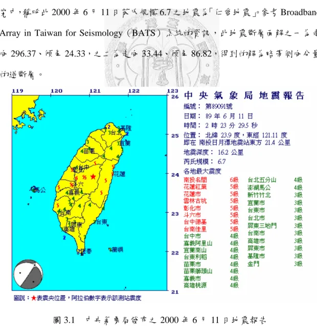 圖 3.1  中央氣象局發布之 2000 年 6 月 11 日地震報告 