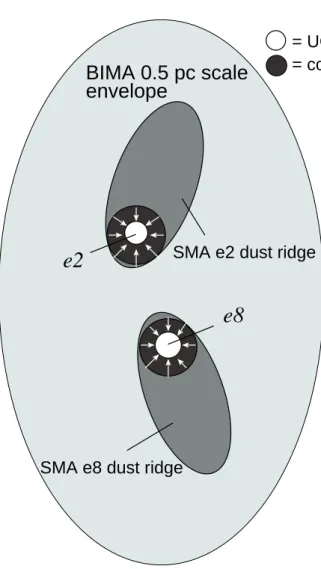 Figure 2.1 Schematic cartoon of structures in W51 e2/e8. e2 and e8 refer to the UCHII region e2 and e8, respectively.