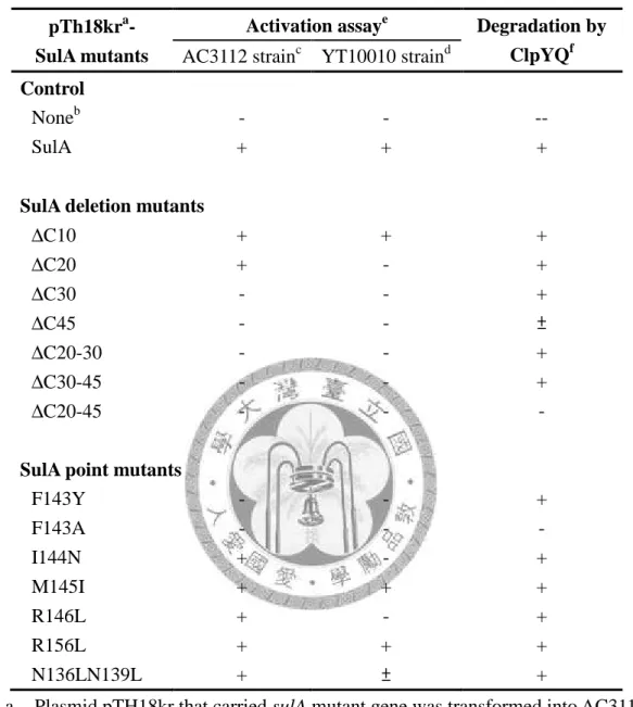 Table 5. The activation assay of the SulA mutants and the degradation by ClpYQ. 