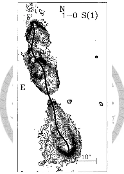 Figure 1.8: Precession model (black curve) superposed on molecular hydro- hydro-gen 1–0S(1) line emission of Cep E