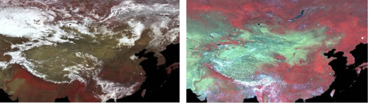 圖  3-4 2000 年 二 月 及 六 月 B、 R、 IR 假 色 影 像 ， 本 研 究 繪 製 。   (資 料 來 源 ： TERRA-MODIS  影 像 )  衛 星 影 像 中 雲 的 干 擾  (contamination) 往 往 造 成 地 表 判 識 上 的 困 擾 ， 薄 雲 可 將 影 像 由 RGB 轉 換 成 HIS 系 統，再 假 設 薄 雲 霧 的 加 入 等 於 使 影 像 加 入 白 色 ， 即 RGB 三 者 提 高 ， 因 此 僅 改 變 光 譜 的 亮 度 或