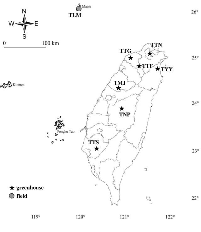 Fig 1. Sampling locations of Bemisia tabaci biotype Q in Taiwan.