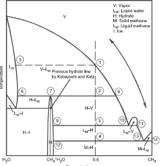 Fig. 2-2、Temperature-composition diagrams for methane and water  (Huo et al., 2003 )   