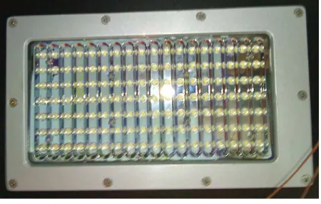 圖 2.1.1-1 150W LED 發光模組  2.1.2 變頻式直流壓縮機特性  高功率 LED 在發光的同時，會產生高熱量。如果無法適時的將熱量有效的 導出，LED 長時間運作在高溫的情況下，將會對 LED 的壽命及效能造成很大的 影響。  本研究使用東元公司出產之 KSDC006LJCKXY 直流變頻式壓縮機，其排氣 容積為 0.6c.c/rev，最大耗電功率為 47 瓦。壓縮機轉速可由 0rpm 至 4200rpm。 壓縮機外觀如圖 2.1.2-1 和圖 2.1.2-2 所示。壓縮機性能規格如表 