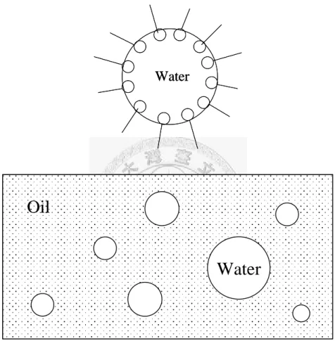 圖 1-1  W/O 型：水在油中型乳液 (water-in-oil emulsion) 