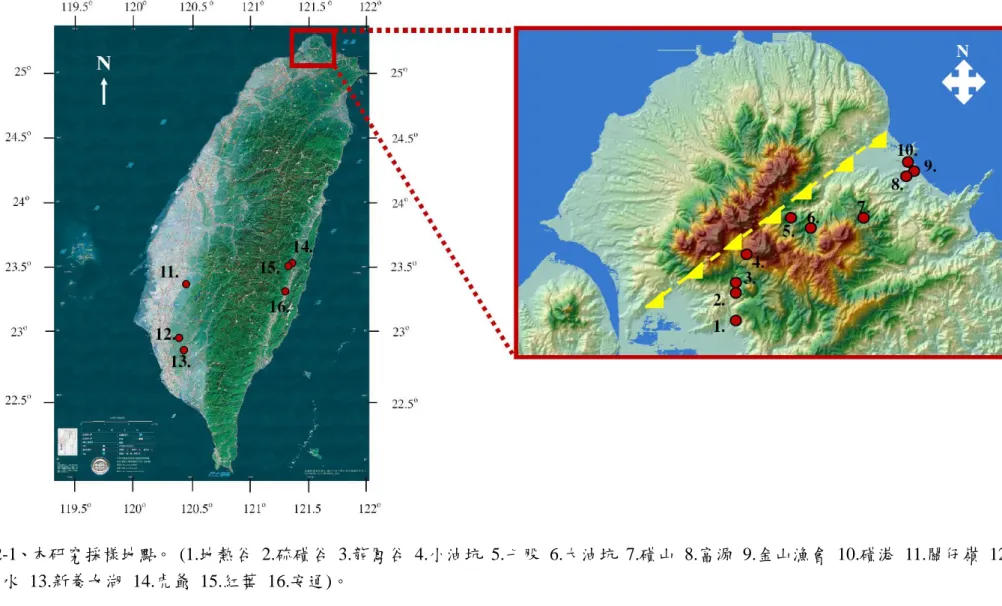 圖  2-1、本研究採樣地點。  (1.地熱谷  2.硫磺谷  3.龍鳳谷  4.小油坑  5.七股  6.大油坑  7.磺山  8.富源  9.金山漁會  10.磺港  11.關仔嶺  12.