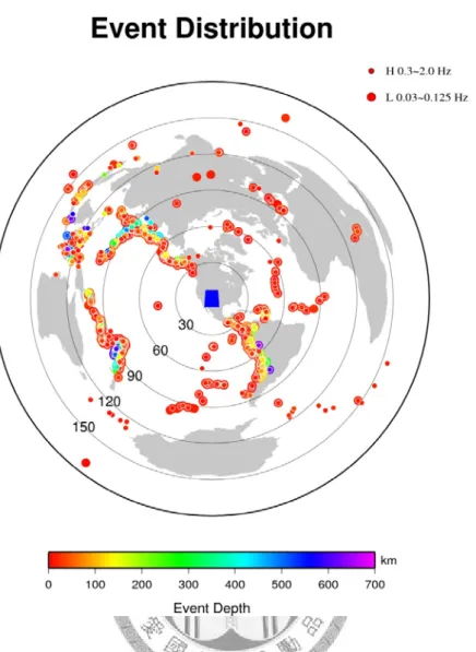 Fig. 2-1.    Geographical distribution of all the events used in the study. Large circles denote the  events for the measurement of low-frequency travel time data; small circles denote those for  high-frequency data