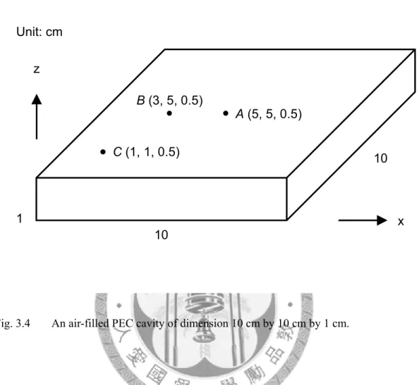 Fig. 3.4  An air-filled PEC cavity of dimension 10 cm by 10 cm by 1 cm. 