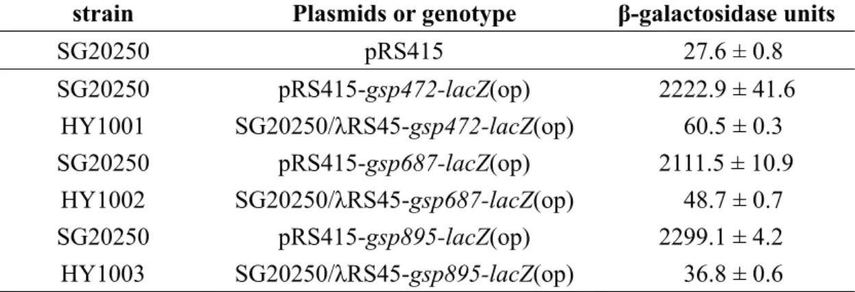 Table 8. β-galactosidase activities of SG20250/pRS415-gspS-lacZ(op) and  SG20250/λRS45-gspS-lacZ 