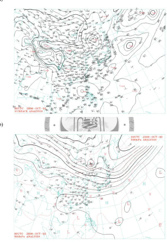 圖   4-3  (a) 2008 年 10 月 2 日 00:00 UTC 之地面天氣圖。 